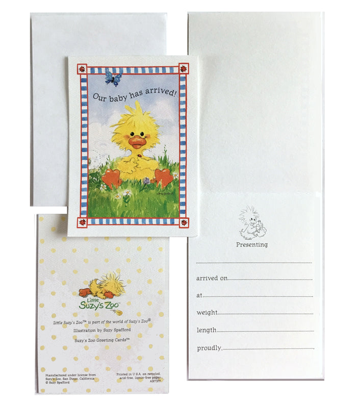 Carte de vœux avec enveloppe pour l'annonce de la naissance du bébé du zoo de Little Suzy, canard jaune et coccinelle