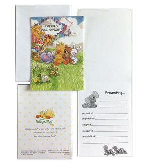 Little Suzy's Zoo Meadow Baby's New Arrival Birth Announcement Greeting Card with Envelope - Ellie Witzy Boof Patches Lulla