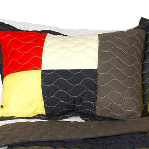 Black Gray Red Yellow Striped Teen Bedding Full/Queen Quilt Set - Pillow Sham