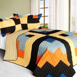 Black Orange Cream & Blue Teen Bedding Full/Queen Quilt Set Geometric Modern Bedspread