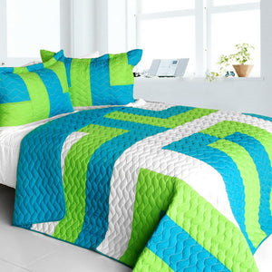 Turquoise Blue Green & White Striped Teen Bedding Full/Queen Quilt Set Geometric Bedspread