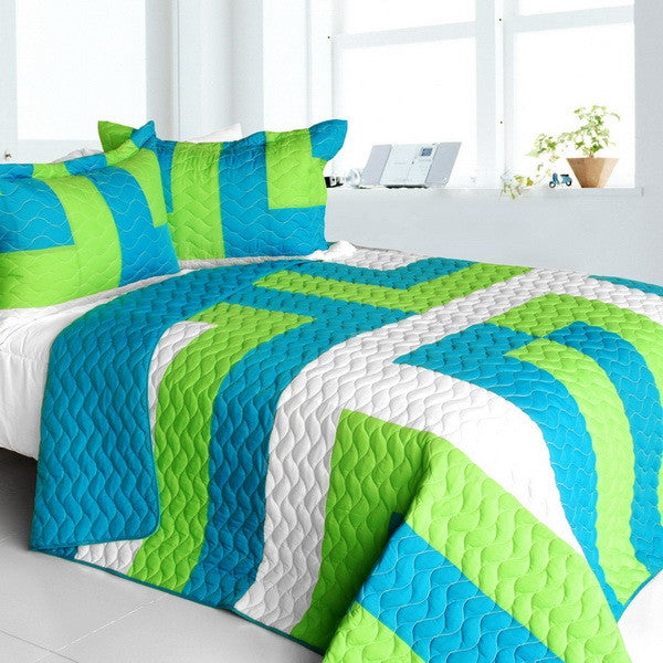 Turquoise Blue Green & White Striped Teen Bedding Full/Queen Quilt Set Modern Geometric Bedspread