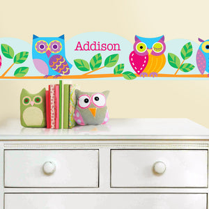 Cute Pink Blue Owls Peel & Stick Personalized Wall Border