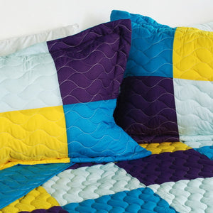 Blue Purple Yellow Patchwork Teen Boy Girl Bedding Full/Queen Quilt Set - Pillow Sham