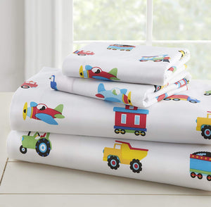 Blue Trains Planes Trucks Cotton Comforter Set Toddler Twin Full/Queen Boys Bedding