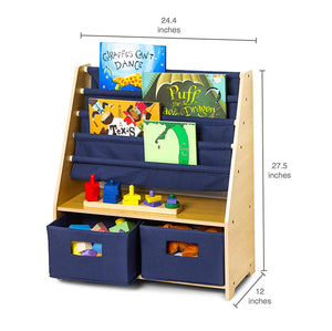 Navy Blue 3-Tier Sling Bookshelf Bookcase with 2 Canvas Storage Bins - Natural or White Kids Furniture