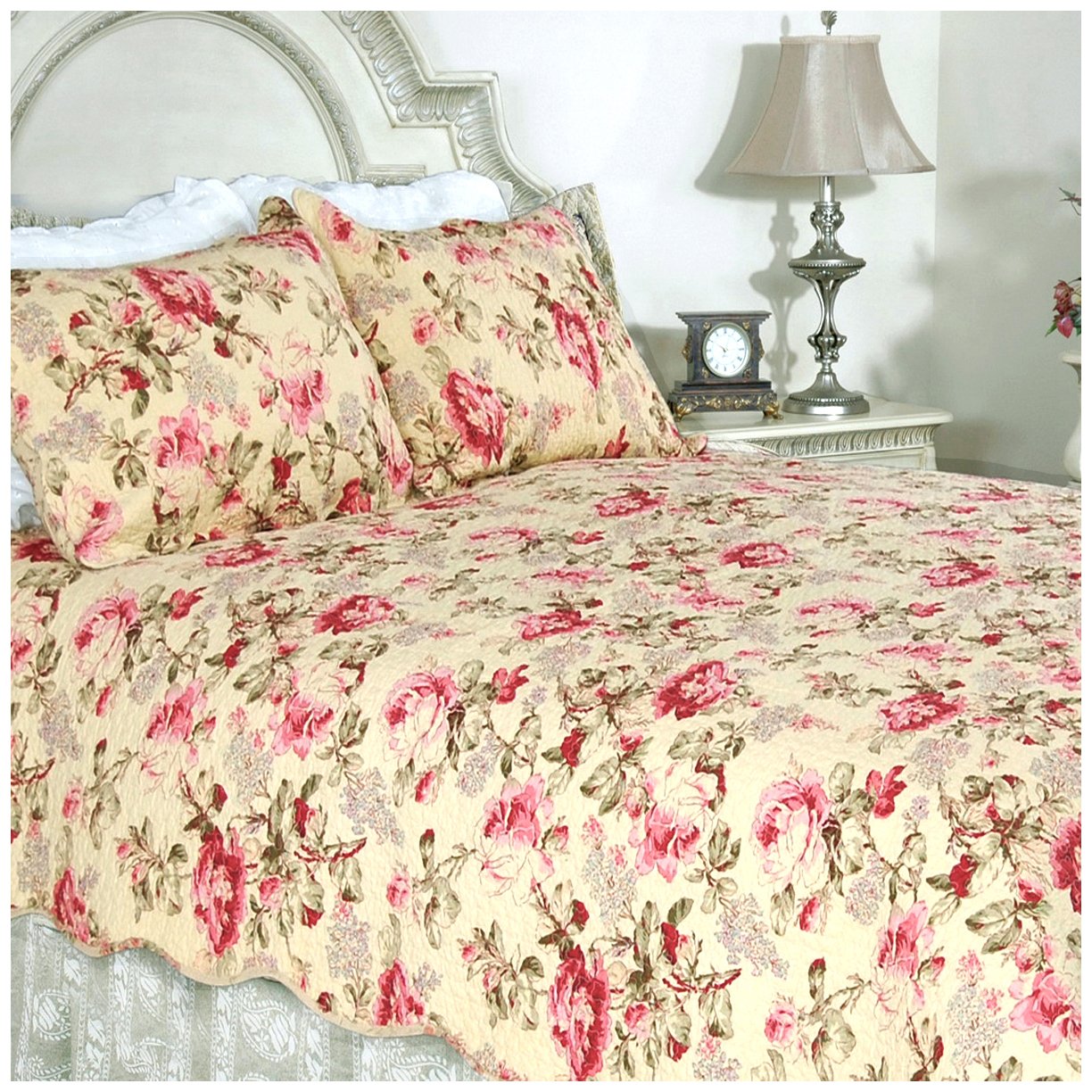 Vintage Rose Floral Cotton Quilted Scalloped 3-Piece Reversible