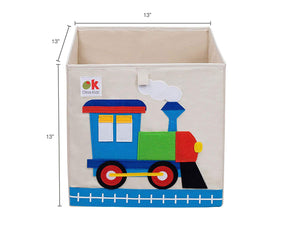 Caja/contenedor de lona para juguetes con forma de cubo de 13" y apliques en forma de tren