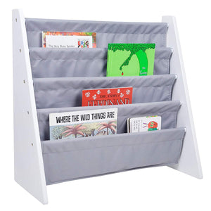 Grey Sling 4-Tier Bookshelf Bookcase Kids Furniture - Natural or White Wood 25" x 24" x 11"