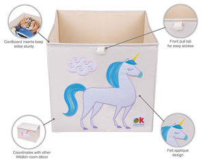 Caja de almacenamiento de juguetes de lona cúbica de 13" con forma de unicornio y apliques