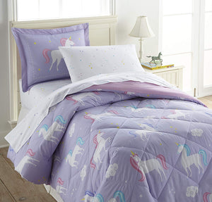 Purple Lavender White Unicorn Cotton Bed in a Bag Girl Bedding Toddler Twin Full Comforter & Sheet Set