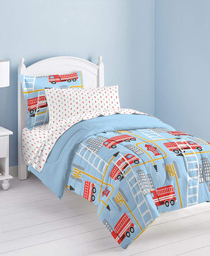 Blue Red Fire Truck Boy Bedding Twin or Full Comforter Set Bed in a Bag
