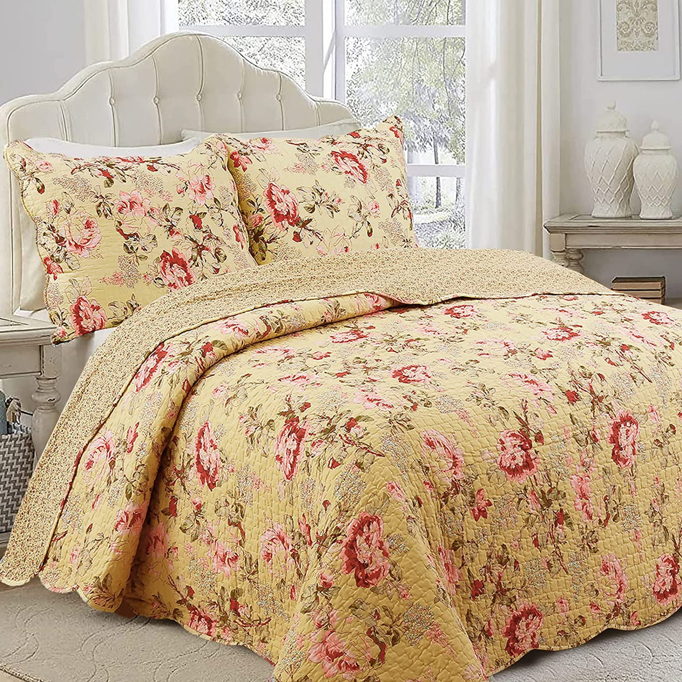 Antique Rose 2-Piece Pillow Set (18x18 Inch) - Chic Country Cottage Style, Yellow & Red Floral, Cotton & Polyester
