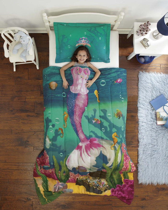 Mermaid Sea Princess Girl Bedding Twin Comforter Set Blue Green