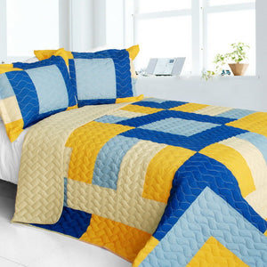 Modern Blue Yellow & Cream Teen Bedding Full/Queen Quilt Set 