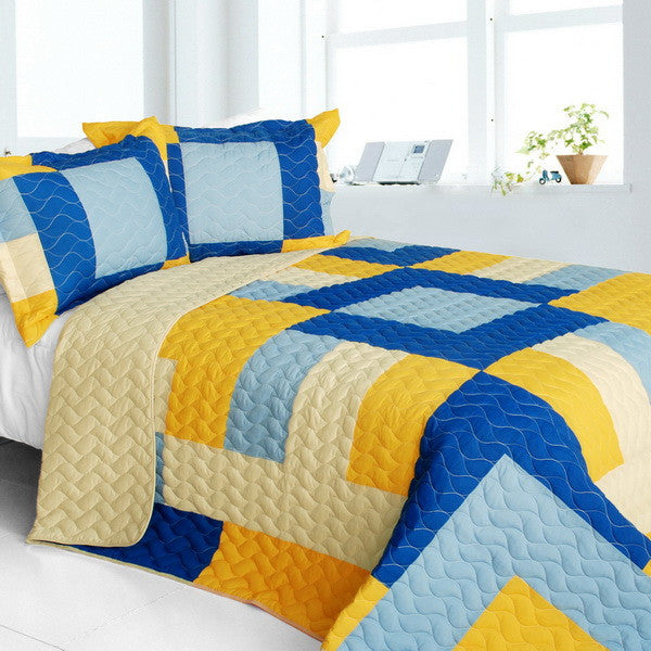 Modern Blue Yellow & Cream Teen Bedding Full/Queen Quilt Set Geometric Bedspread
