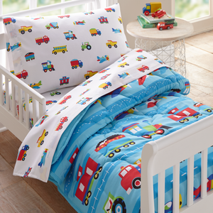 Blue Trains Planes Trucks Fire Trucks Microfiber Bed in a Bag Toddler Twin Full Bedding Comforter & Sheet Set