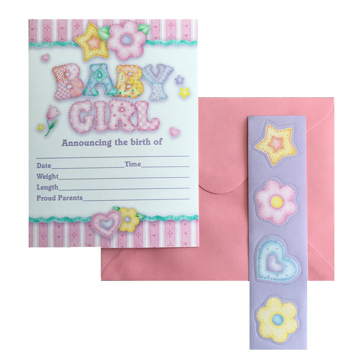 Baby's Quilt Baby Girl Birth Announcement Cards 8 CT - Pink Stripe Gingham Hearts Flowers & Stars