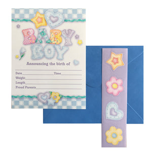 Baby's Quilt Baby Boy Birth Announcement Cards 8 CT - Blue Checkered Hearts Flowers & Stars
