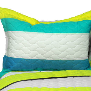 Ocean Blue White Black & Yellow Striped Bedding Full/Queen Quilt Set -Pillow Sham