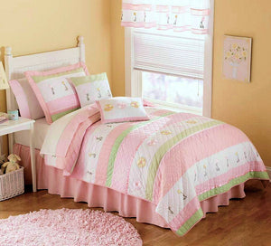 Pastel Pink & Green Girls Bedding Twin Quilt Set - Cotton Striped Floral Embroidered Bedspread