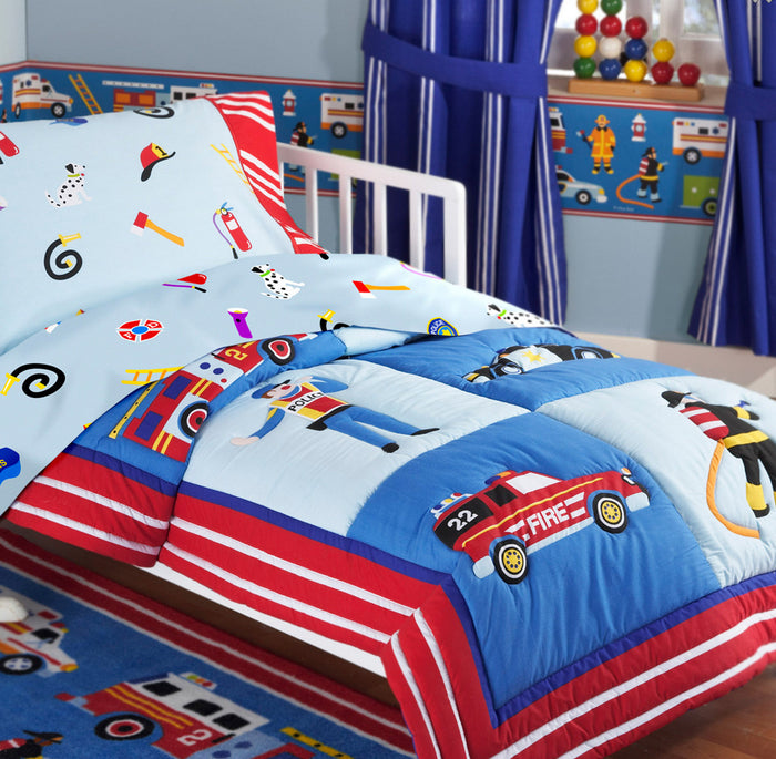 Fire Truck Firemen Police Car Rescue Heroes Toddler Bed in a Bag Comforter & Sheet Set Bedding Blue & Red Cotton