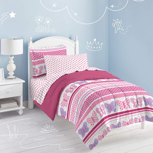 Pink Butterfly Dots Girls Bedding Todder, Twin or Full Comforter Set Bed in a Bag Ensemble
