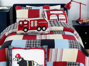 Red Fire Truck Station Cotton Decorative Kids Throw Pillow 17" x 14"