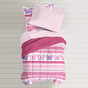 Pink Butterfly Dots Girls Bedding Todder, Twin or Full Comforter Set Bed in a Bag Ensemble