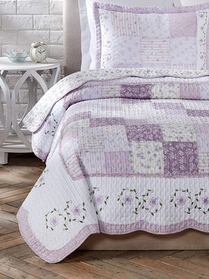Romantic Lavender Girl Bedding Floral Lace & Patchwork Twin Cotton Reversible Bedspread