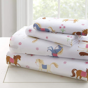 Ponies Horses & Floral Kids Microfiber Bed Sheet Set Toddler Twin Full
