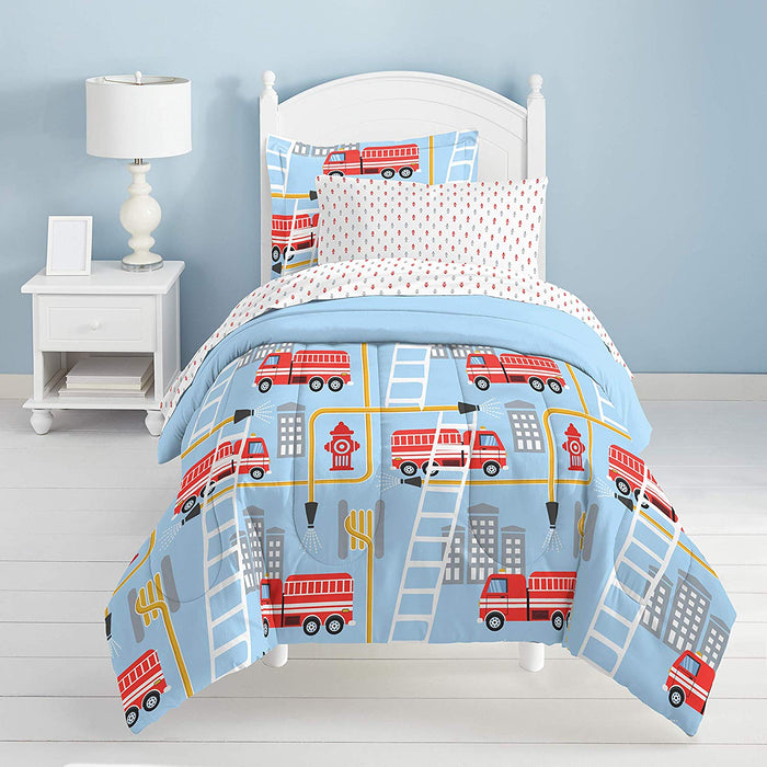 Blue Red Fire Truck Boy Bedding Twin or Full Comforter Set Bed in a Bag
