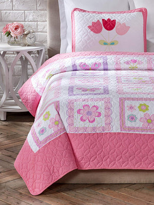 Pink Butterflies & Flowers Girl Bedding Twin Cotton Quilt Set