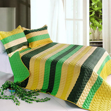 Green Yellow Striped Teen Boy Bedding Full/Queen Quilt Set Modern Bedspread