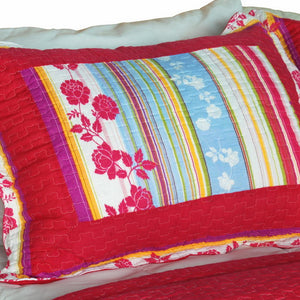 Red Hot Pink Floral Full/Queen Girl Bedding Blooming Garden Cotton Quilt Set - Pillow Sham