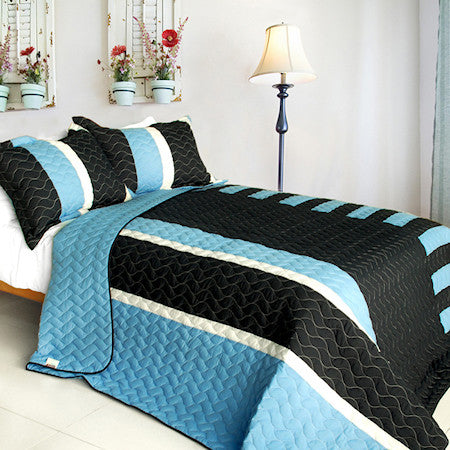 Blue White Navy Striped Modern Teen Bedding Full/Queen Quilt Set Oversized Modern Bedspread