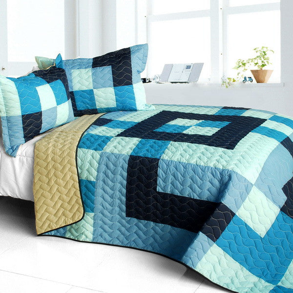 Blue Checkered Patchwork Teen Boy Bedding Full/Queen Quilt Set Modern Geometric Bedspread