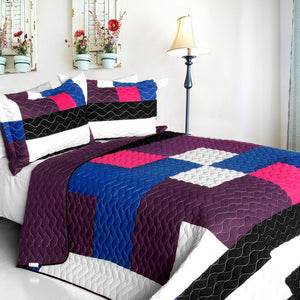 Purple Black White Blue & Pink Teen Bedding Full/Queen Quilt Set Geometric Checkered Bedspread