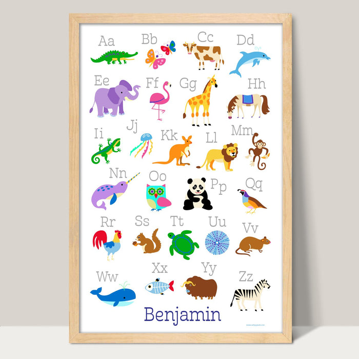 Animal Alphabet Personalized Kids Wall Art Print 12" x 18" - Custom Made in USA