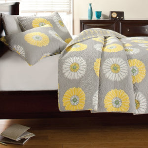 Modern Grey White Yellow Floral Bedding Twin Full/Queen King Quilt Set