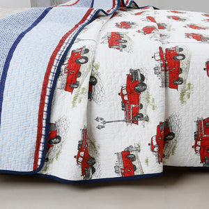 Classic Vintage Red Fire Truck Cotton Boy's Bedding Blue Striped Patchwork Twin Full/Queen Reversible Quilt Set Designer Look Quilted Bedspread