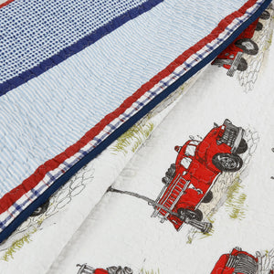 Classic Vintage Red Fire Truck Cotton Boy's Bedding Blue Striped Patchwork Twin Full/Queen Reversible Quilt Set Designer Look Quilted Bedspread