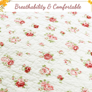Shabby Chic Cream & Red Rose Bud Print Bedding Full/Queen & King Country Cottage Elegant Romantic Quilt Set Cotton Bedspread