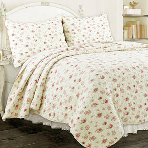 Rose Bud Floral Print Quilt Bedding Set Bedspread 