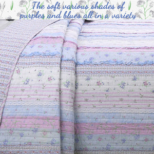 Modern Romantic Shabby Chic Soft Lavender Ruffled Lace Girl Bedding Twin Full/Queen King Cotton Quilt Set Stripe & Floral Print