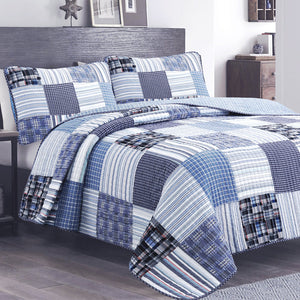 Luxury Cotton Blue White Classic Patchwork Bedding Twin Full/Queen King Quilt Set Modern Plaid Coverlet Bedspread