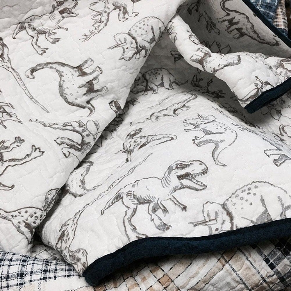 Kids Dinosaur Coverlet Set - 2-Piece Twin Quilt & Pillowcase, Grey Multi-Color Dinos