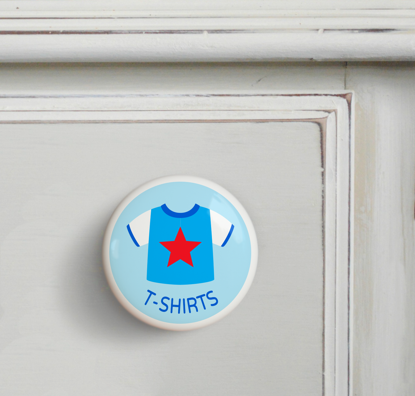 Dresser Boy's T-Shirts Ceramic Drawer Knob Large 2" Blue KidsRoomTreasures.com Dresser Boy's T-Shirts Ceramic Drawer Knob Large 2" Blue KidsRoomTreasures.com