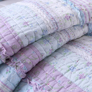 Modern Romantic Shabby Chic Soft Lavender Ruffled Lace Girl Bedding Twin Full/Queen King Cotton Quilt Set Stripe & Floral Print