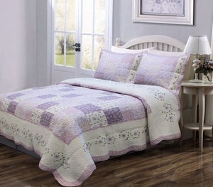 Romantic Lavender Girl Bedding Floral Lace & Patchwork Full/Queen King Cotton Reversible Bedspread